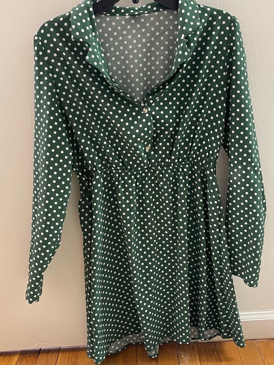 Dresses & Skirts - Hunter Green White Polka Dot Long Sleeve Mini Dress Collared V-Neck L